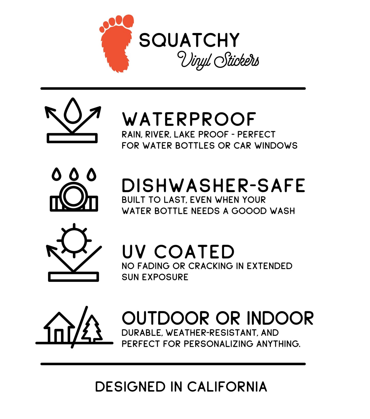 Squatchy vinyl sticker care card listing waterproof, dishwasher safe, UV coated and designed in California.