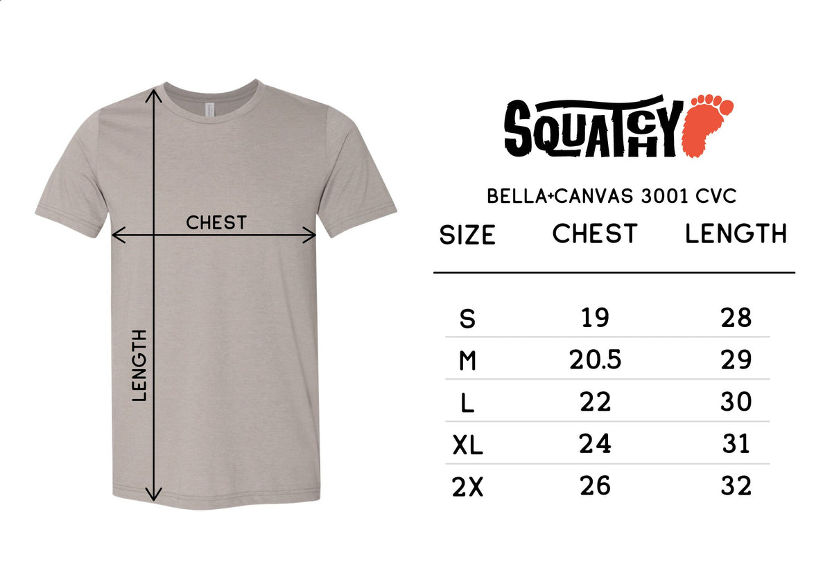 Squatchy size chart for the Bella and Canvas 3001 CVC tee listing chest and length from small through 2X.