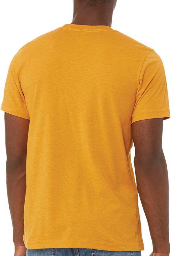 Back view of the mustard Take it Easy tee, plain across the shoulders with no print.