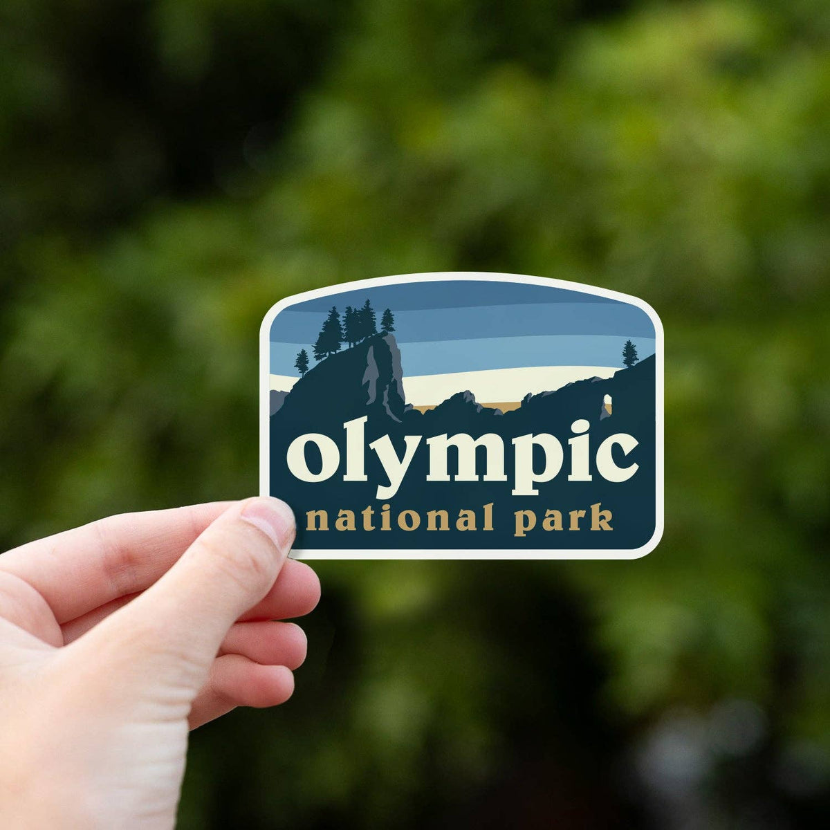 A hand pinches the Olympic National Park sticker from below against sunlit green foliage.