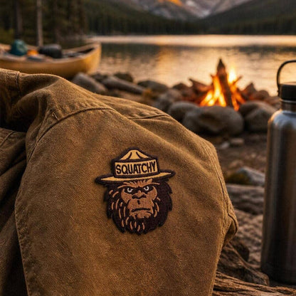 Stitched onto the shoulder of a tan canvas jacket, the Squatchy patch sits near a lakeside campfire at dusk.