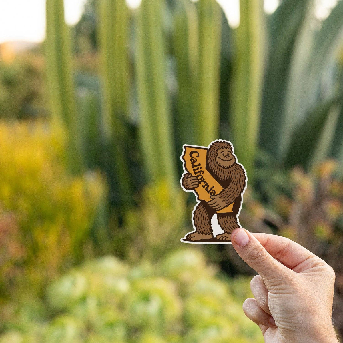 Tall cactus and succulents fill the background behind the pinched Bigfoot Loves California sticker.