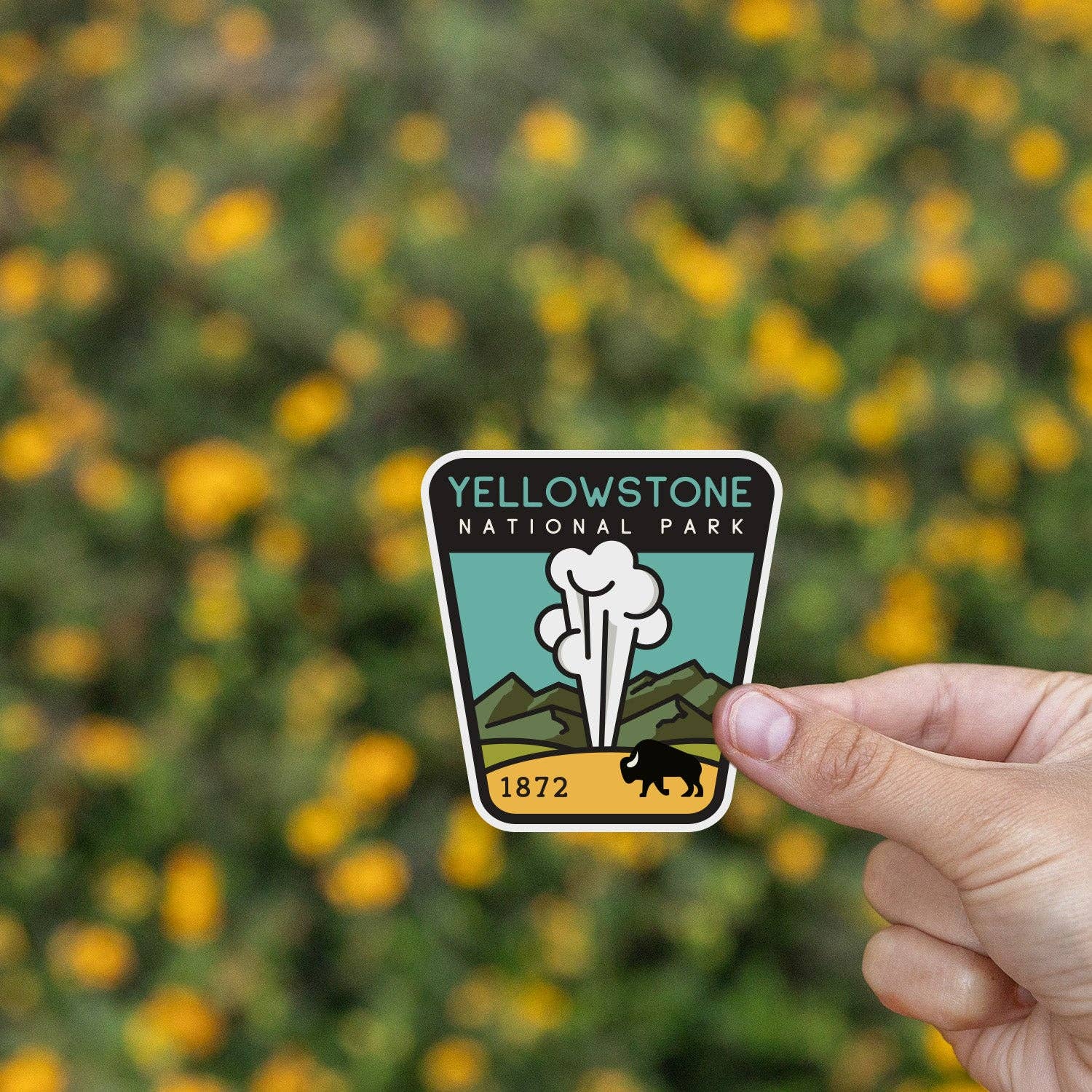 Fingers pinch the Yellowstone National Park sticker in front of a field of blurred yellow wildflowers.