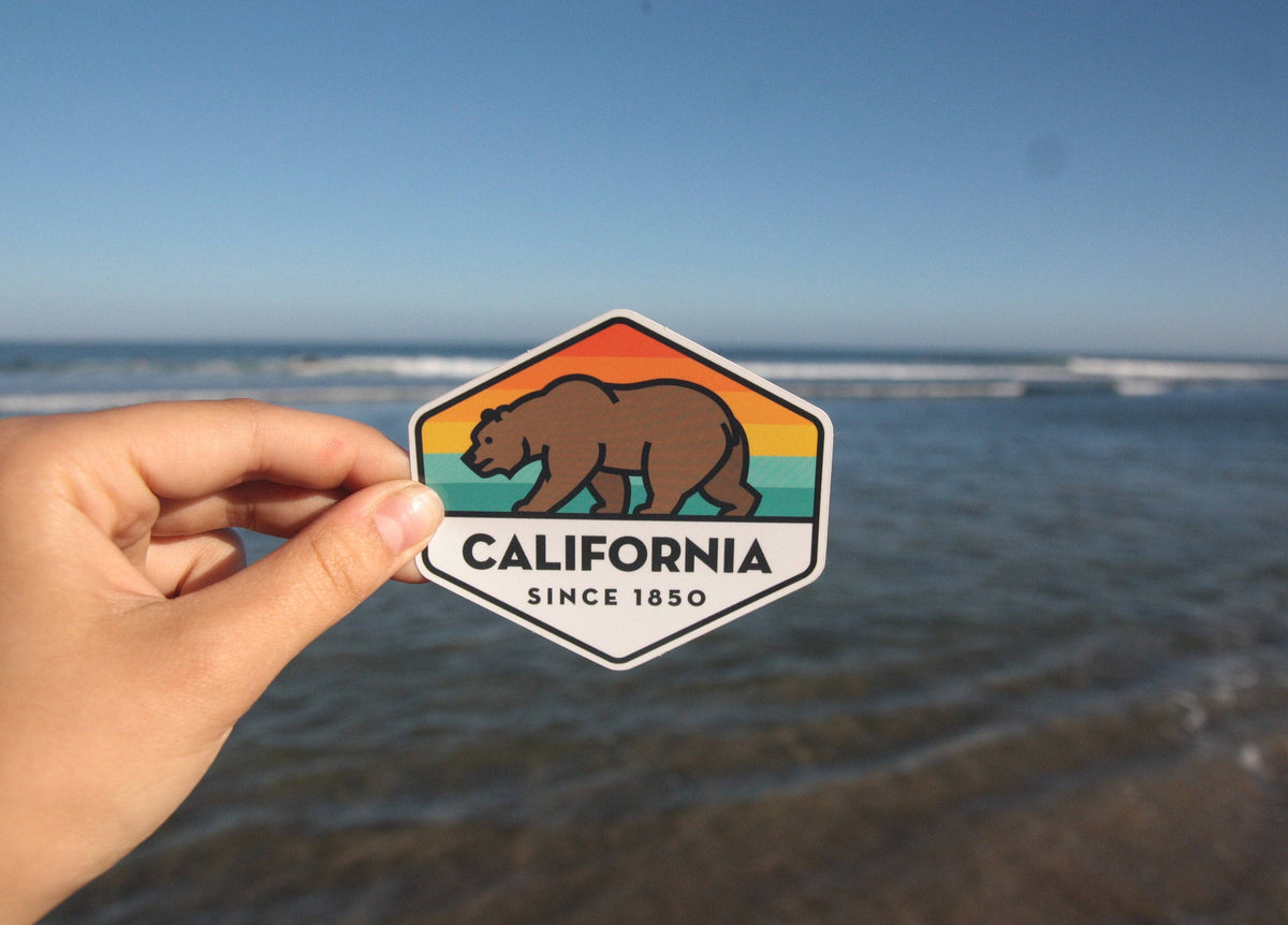 Ocean waves and blue sky fill the background as a hand holds the California State Bear sticker.