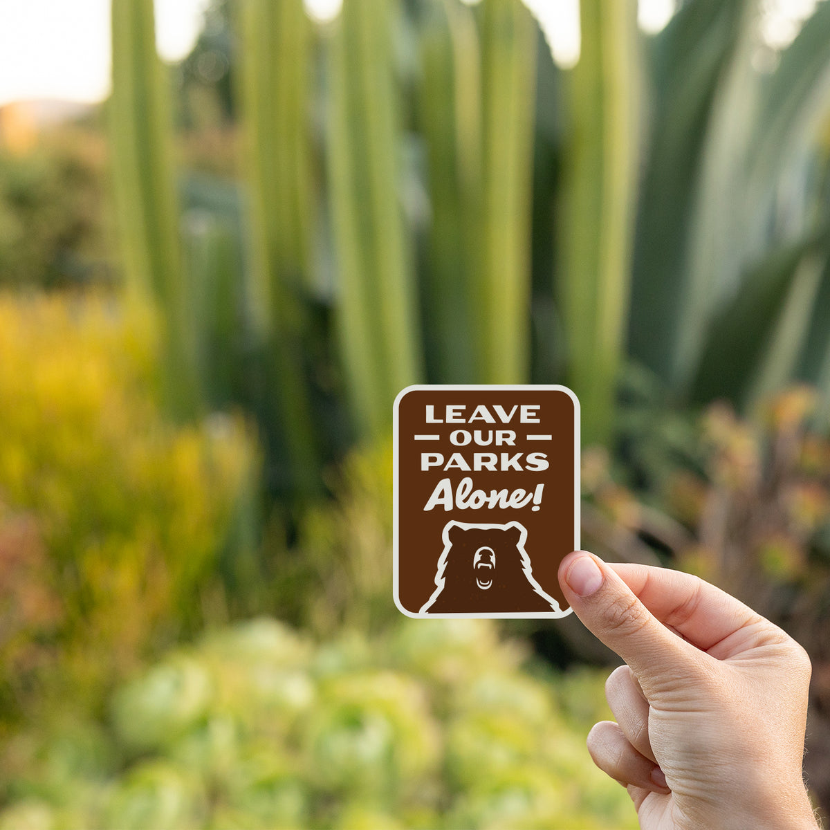 A hand lifts the Leave Our Parks Alone sticker in front of tall cactus spines and golden shrubs.