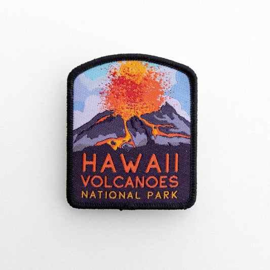 On a plain white background, the Hawaii Volcanoes National Park patch shows an erupting peak and lava flows.