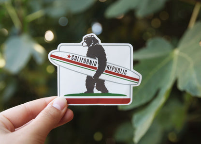 Fig leaves fill the background as a hand raises the California Republic Surf Bear sticker at arm's length.