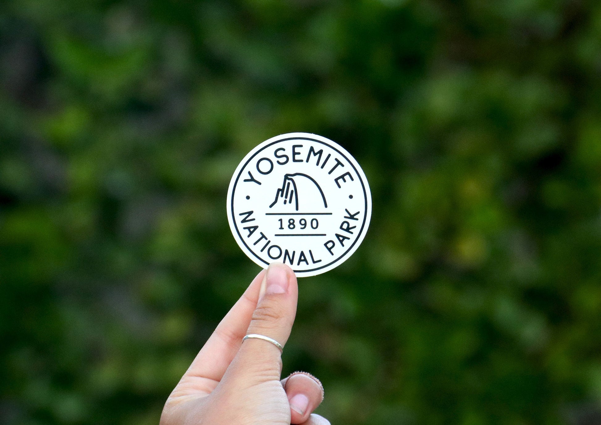 Held farther back, the Yosemite National Park B&W sticker reads 1890 above dark leafy foliage.