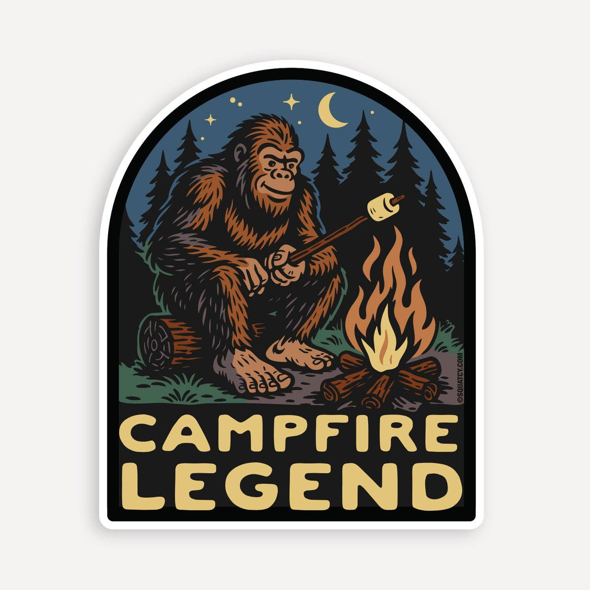 Bigfoot toasts a marshmallow under a crescent moon on the Campfire Legend sticker, name set in cream letters.