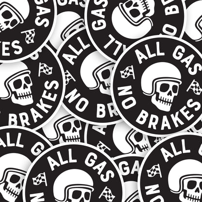 About a dozen All Gas No Brakes stickers overlap in a tight pile, each one showing the same helmeted skull design.