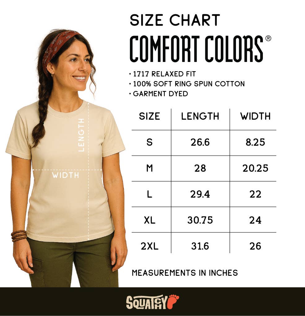 Comfort Colors size chart with length and width in inches for S through 2XL, relaxed fit ring spun cotton.