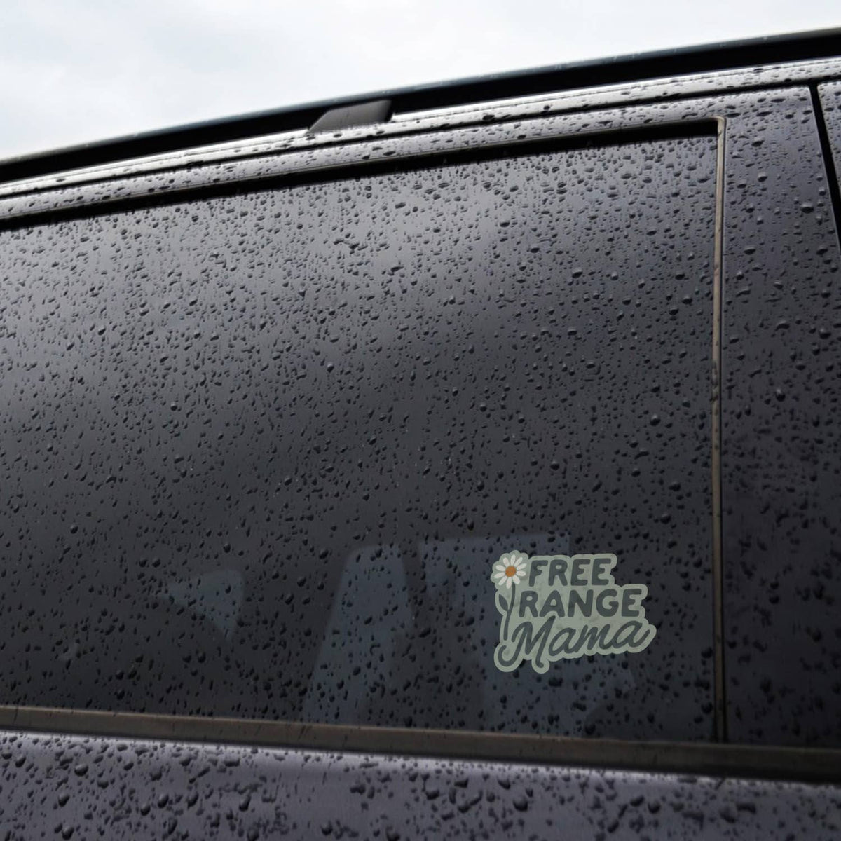 Applied to the rain beaded window of a dark car, the Free Range Mama sticker sits near the door frame.