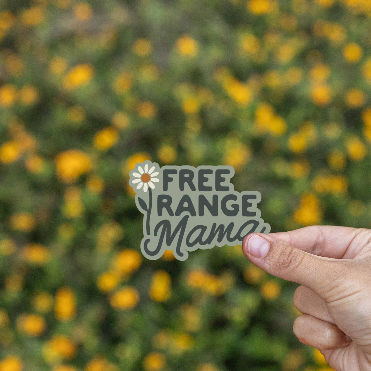 Held over a field of small yellow blooms, the Free Range Mama sticker shows its daisy and script.