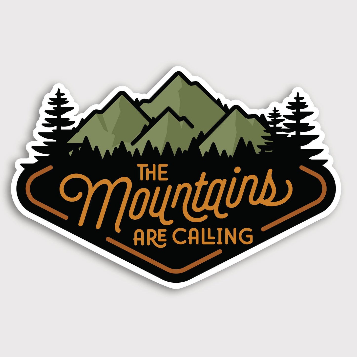 The Mountains Are Calling sticker lies flat on grey, green peaks and pines above orange script lettering.