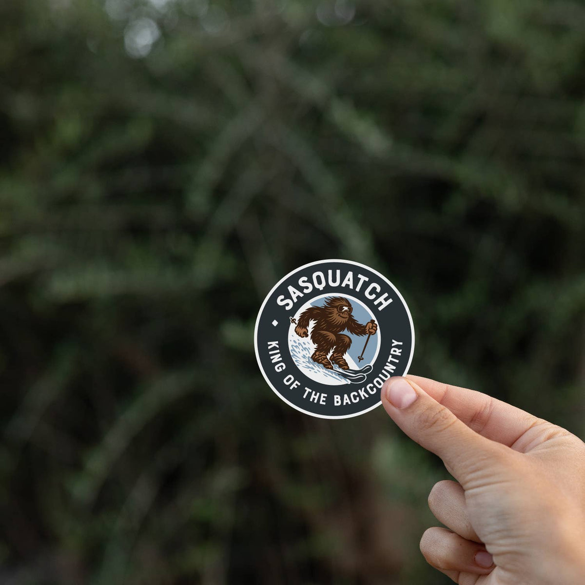 Held up before blurred evergreen branches, the Sasquatch King of the Backcountry sticker stays sharp.