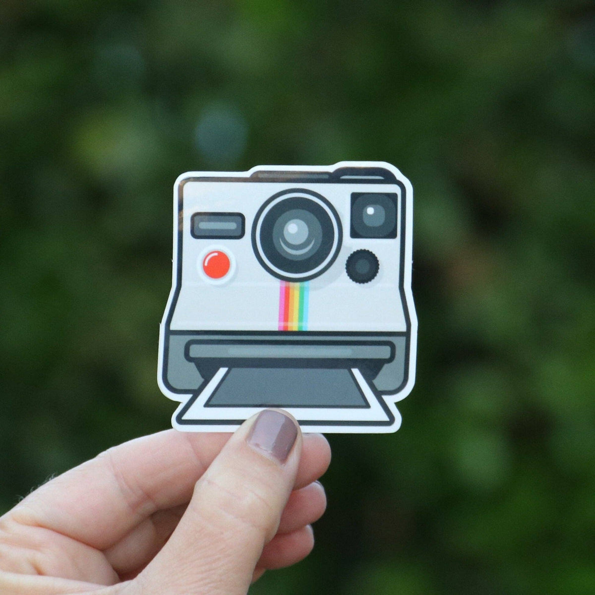 Fingers hold up the Analog Camera sticker, its rainbow stripe and instant photo bright against blurred green leaves.