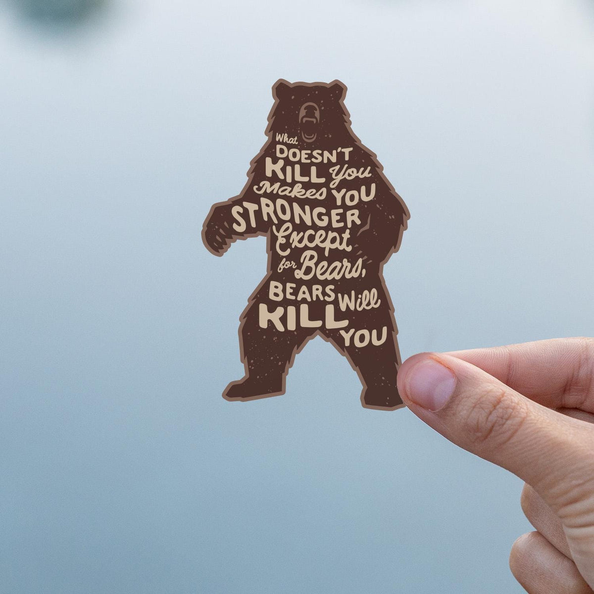 Close up on the Bears Will Kill You sticker, lettering sharp against soft grey water beyond.