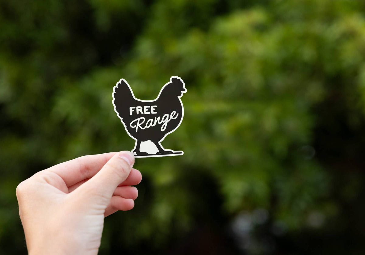 A hand holds up the black hen shaped Free Range sticker against blurred green leaves outdoors.