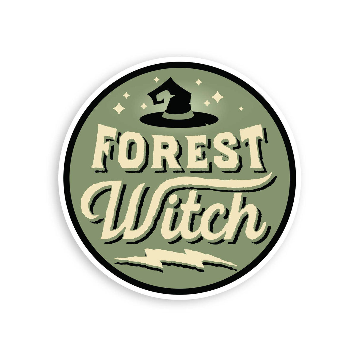 Round green Forest Witch sticker with a pointed hat, stars and a lightning bolt under script lettering.