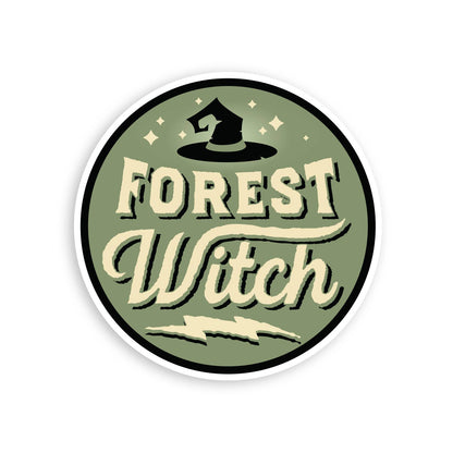 Round green Forest Witch sticker with a pointed hat, stars and a lightning bolt under script lettering.