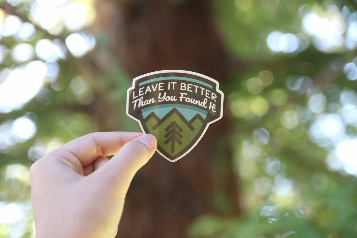 Backlit by a redwood canopy, the Leave It Better Than You Found It sticker is pinched between fingers.