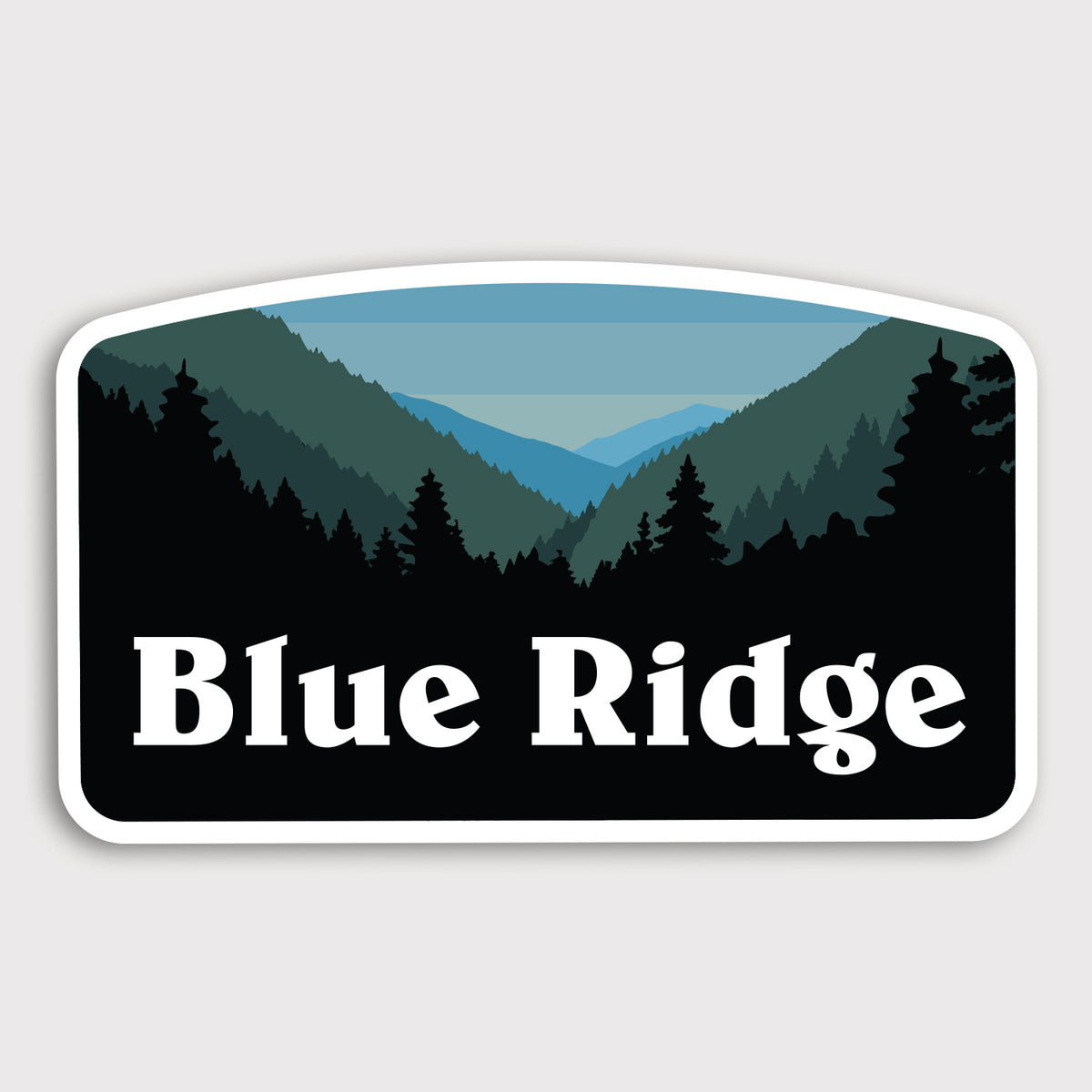 The Blue Ridge sticker shows layered mountain silhouettes and pine trees beneath a pale blue sky with an arched top edge.