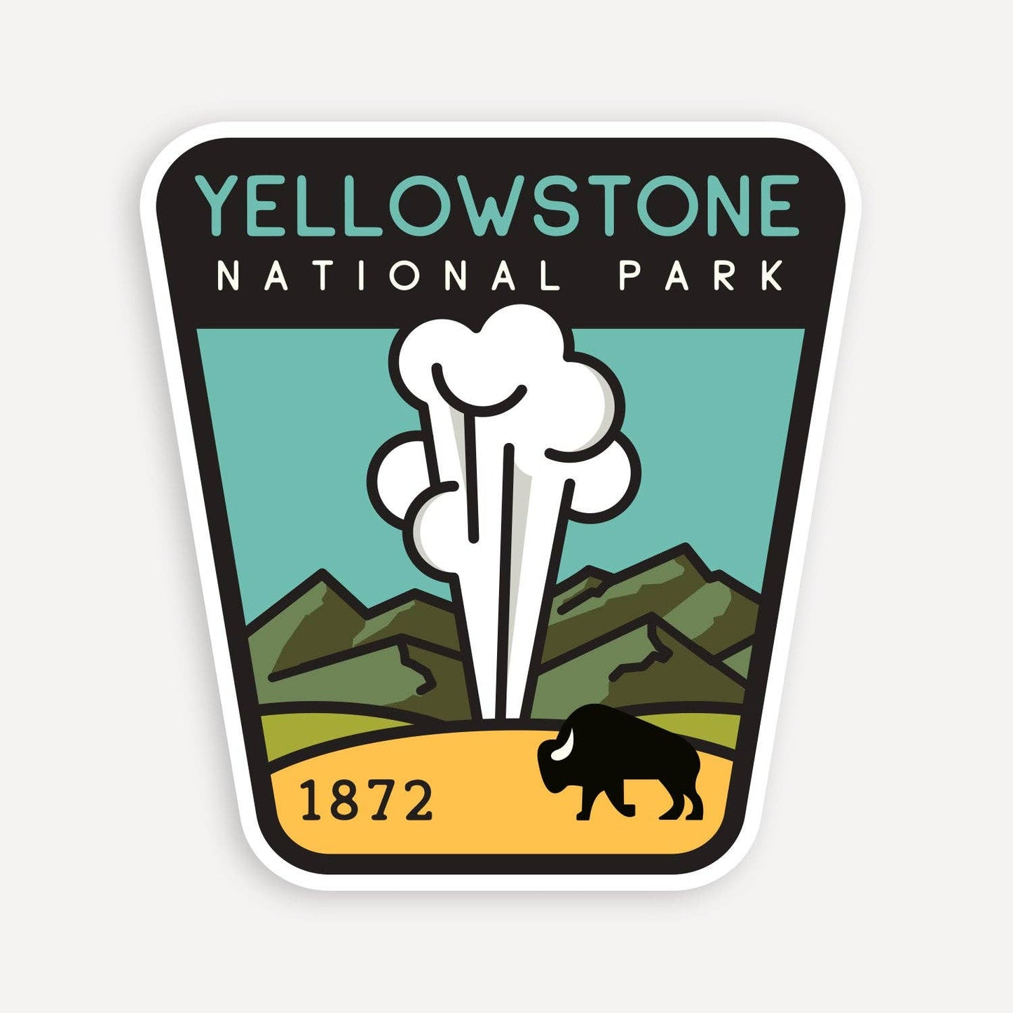 The Yellowstone National Park sticker shows a geyser erupting over green mountains with a bison and 1872 below.