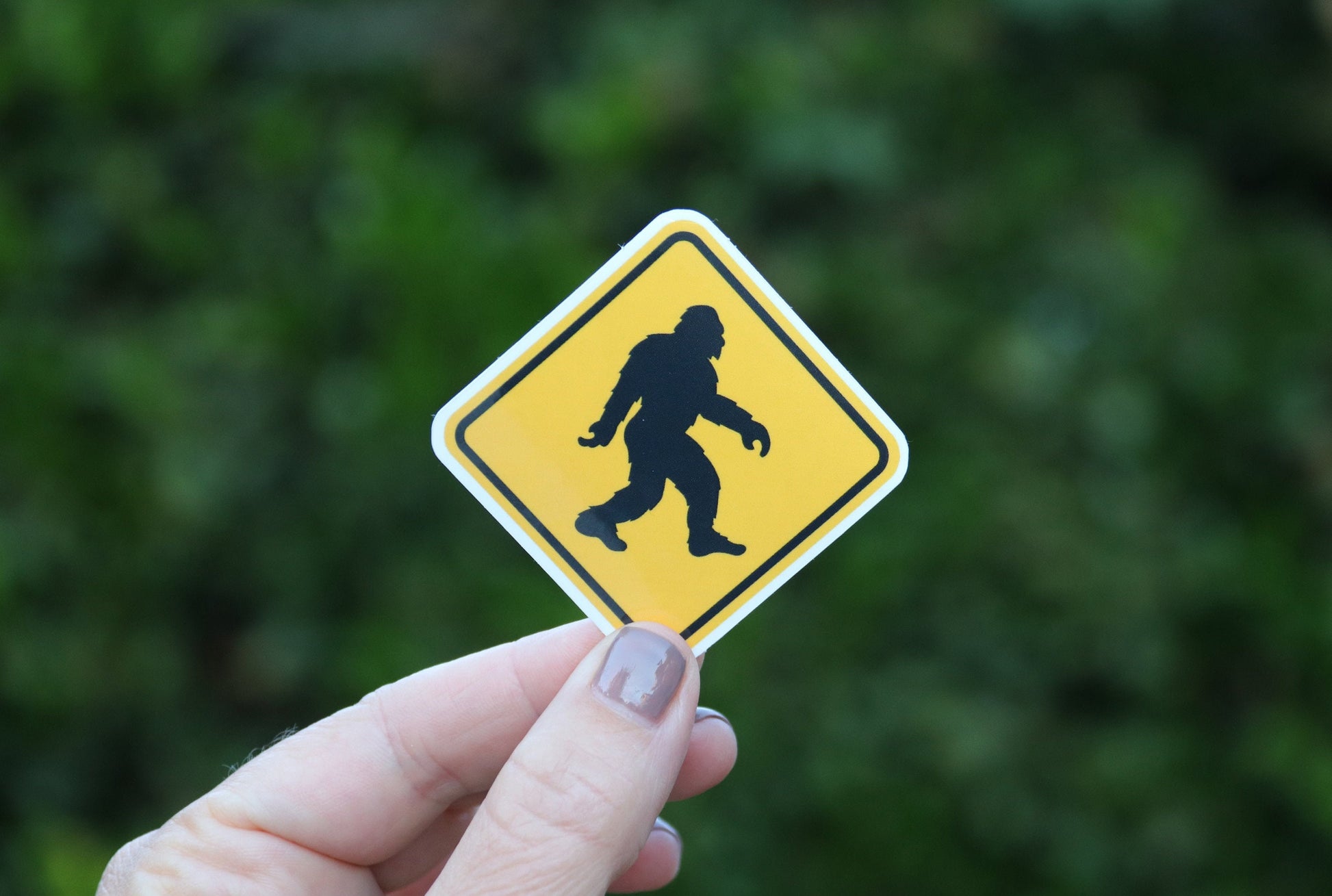 Manicured fingers pinch the bottom corner of the Bigfoot Crossing sticker in front of a shadowy hedge.