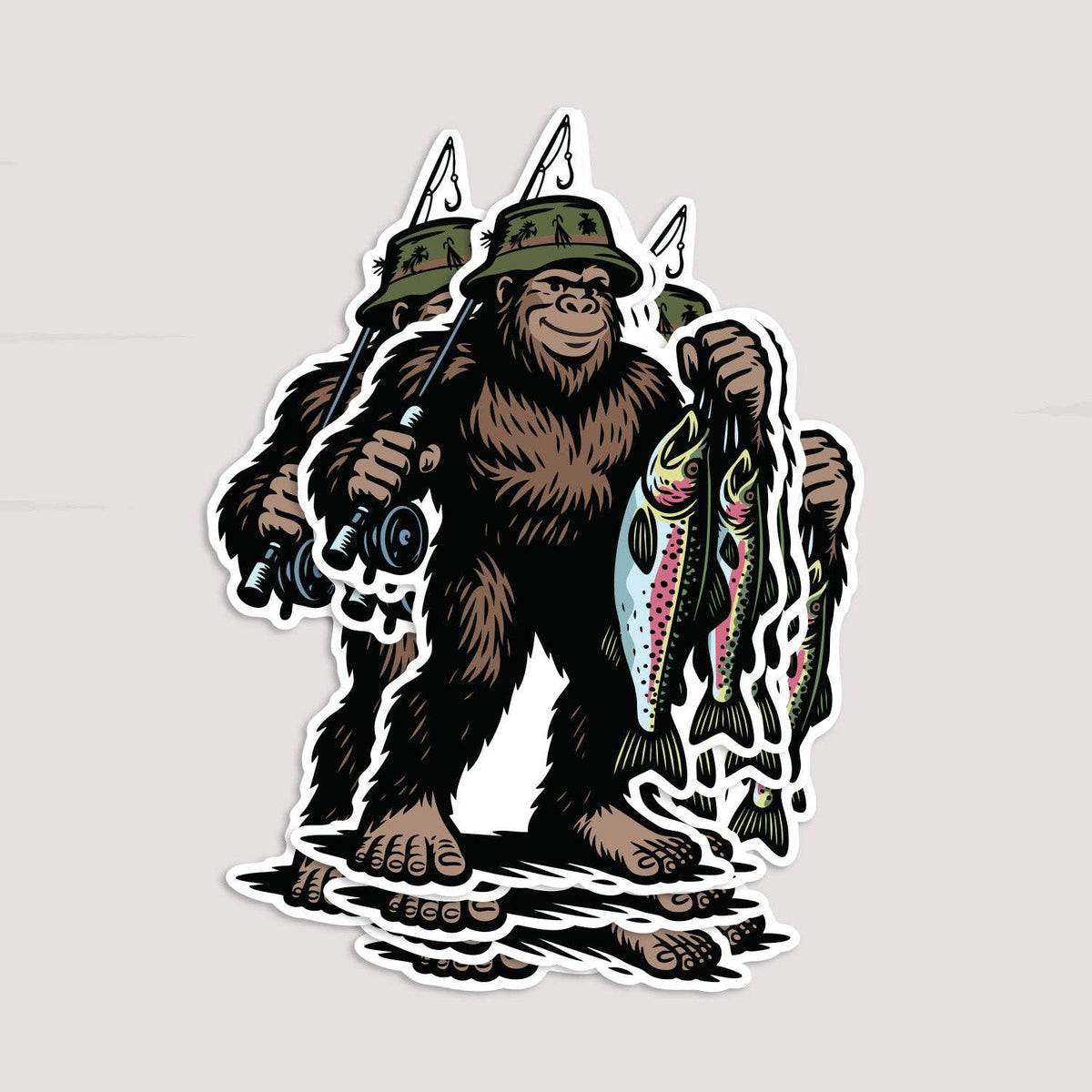Offset print layers give the Bigfoot Fishing sticker a doubled look, hats and trout repeating sideways.