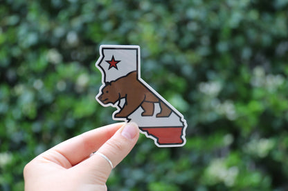 Held further back against a leafy hedge, the California State sticker shows the full state outline.