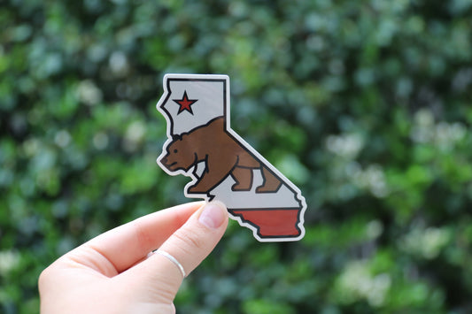 Held further back against a leafy hedge, the California State sticker shows the full state outline.