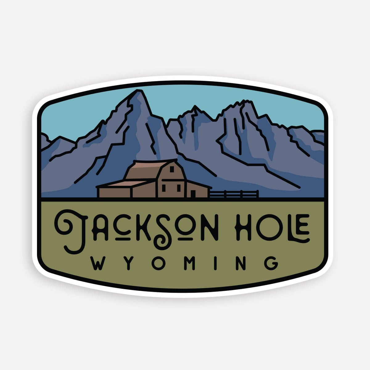 The Jackson Hole Wyoming sticker shows a weathered barn below jagged Teton peaks on a plain white background.