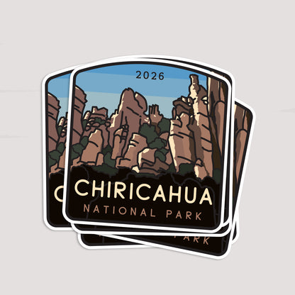 Three Chiricahua National Park stickers fan out in a stack, each showing the same spires against a pale background.