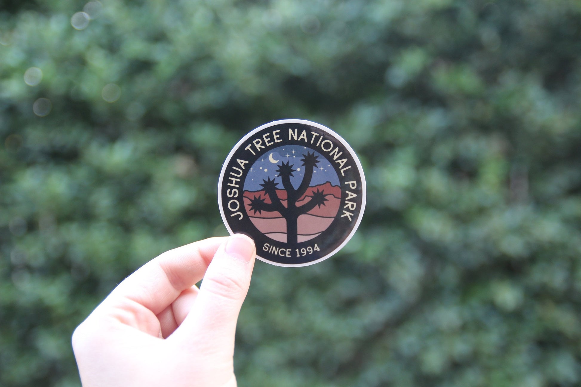 Fingers grip the Joshua Tree National Park sticker close to a dense dark hedge in flat daylight.