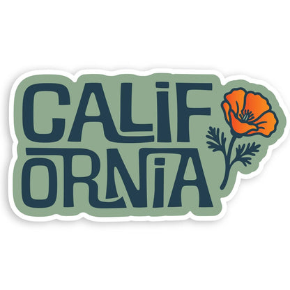 Sage green California Poppy sticker with navy stacked lettering and one orange bloom on a white background.