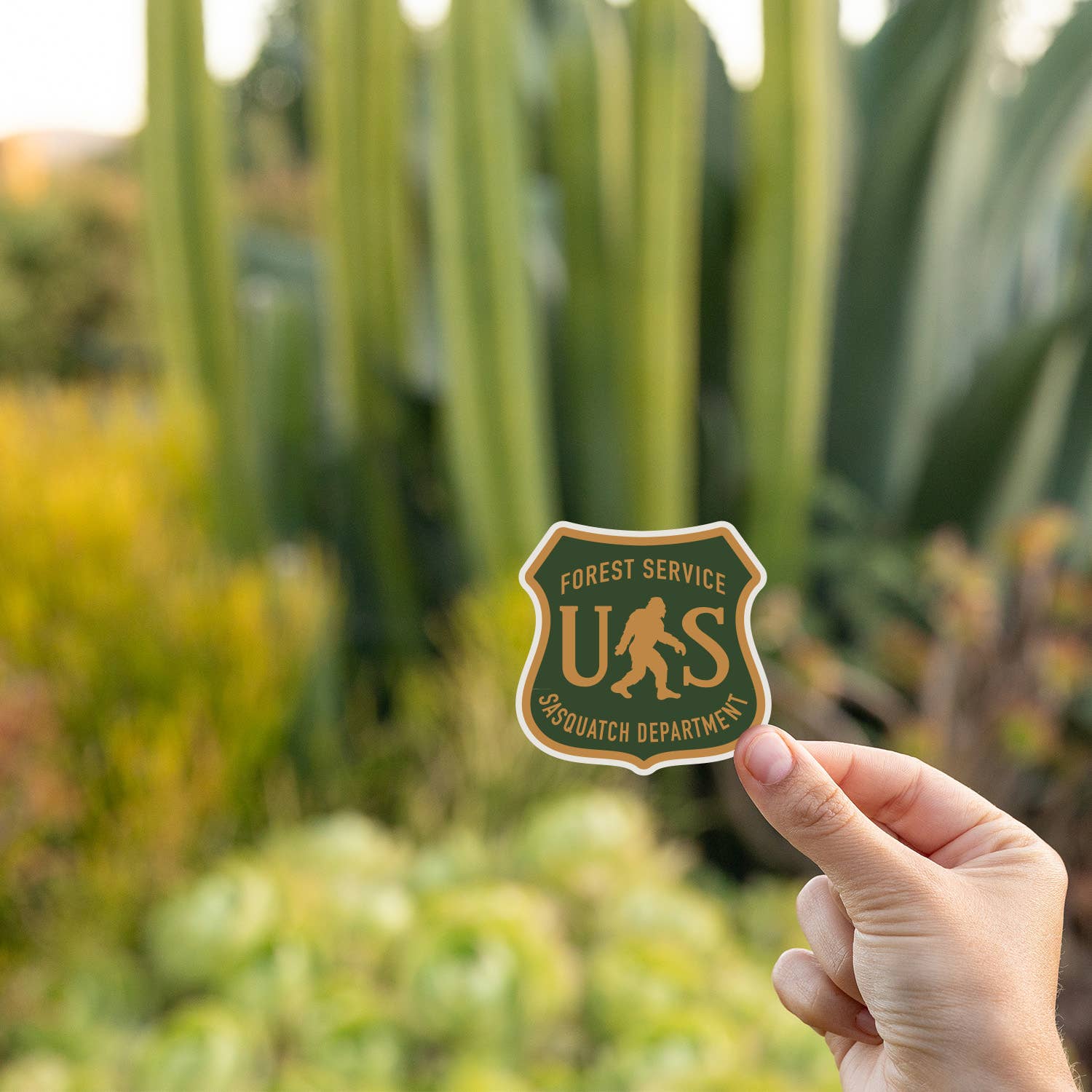 Fingers hold the US Sasquatch Department sticker before tall cactus and succulents at golden hour.