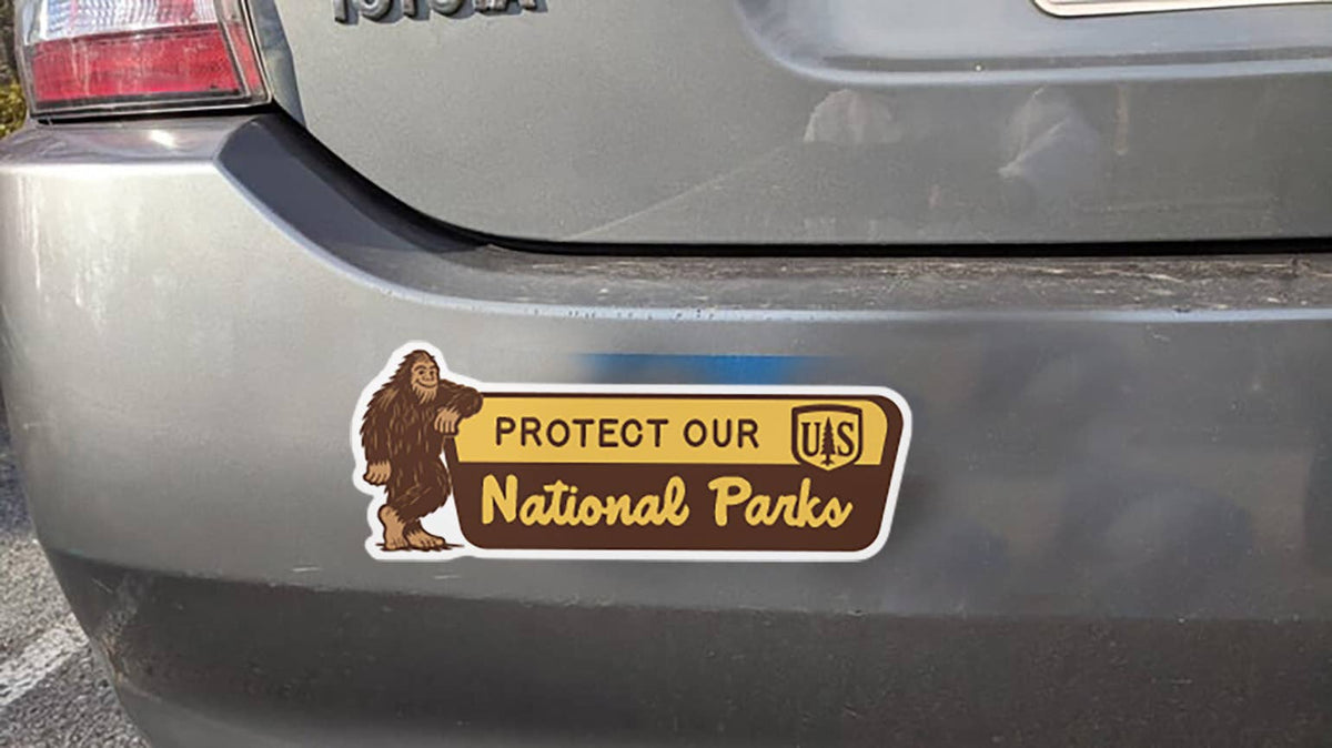 Stuck on the grey rear bumper of a Toyota, the Protect Our National Parks sticker sits below the taillight.