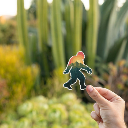 Tall cactus stalks and golden brush blur behind the Bigfoot Adventure sticker held up in evening light.