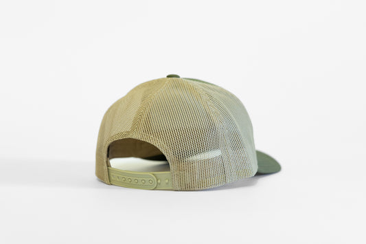 Rear view of the Haleakala National Park trucker hat, tan mesh panels above a khaki snapback strap.