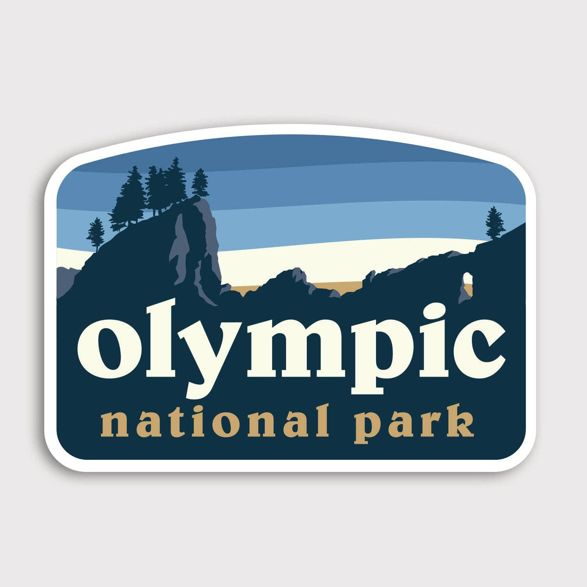 The Olympic National Park sticker sits flat on grey, with silhouetted ridge, pines and cream lettering.