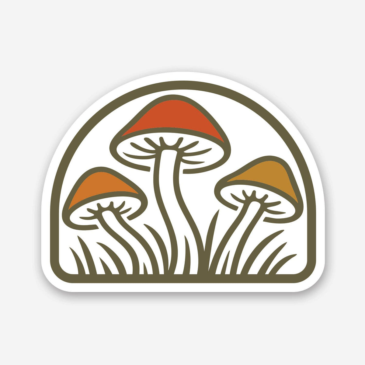 Arched and outlined in olive, the Three Mushrooms sticker shows red and orange caps above grass on white.