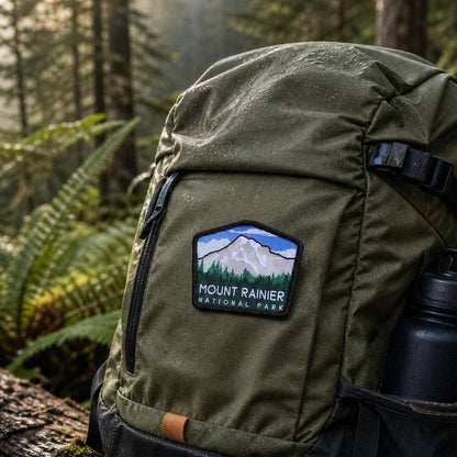 Sewn to a green backpack in a misty forest, the Mount Rainier National Park patch sits beside a water bottle.