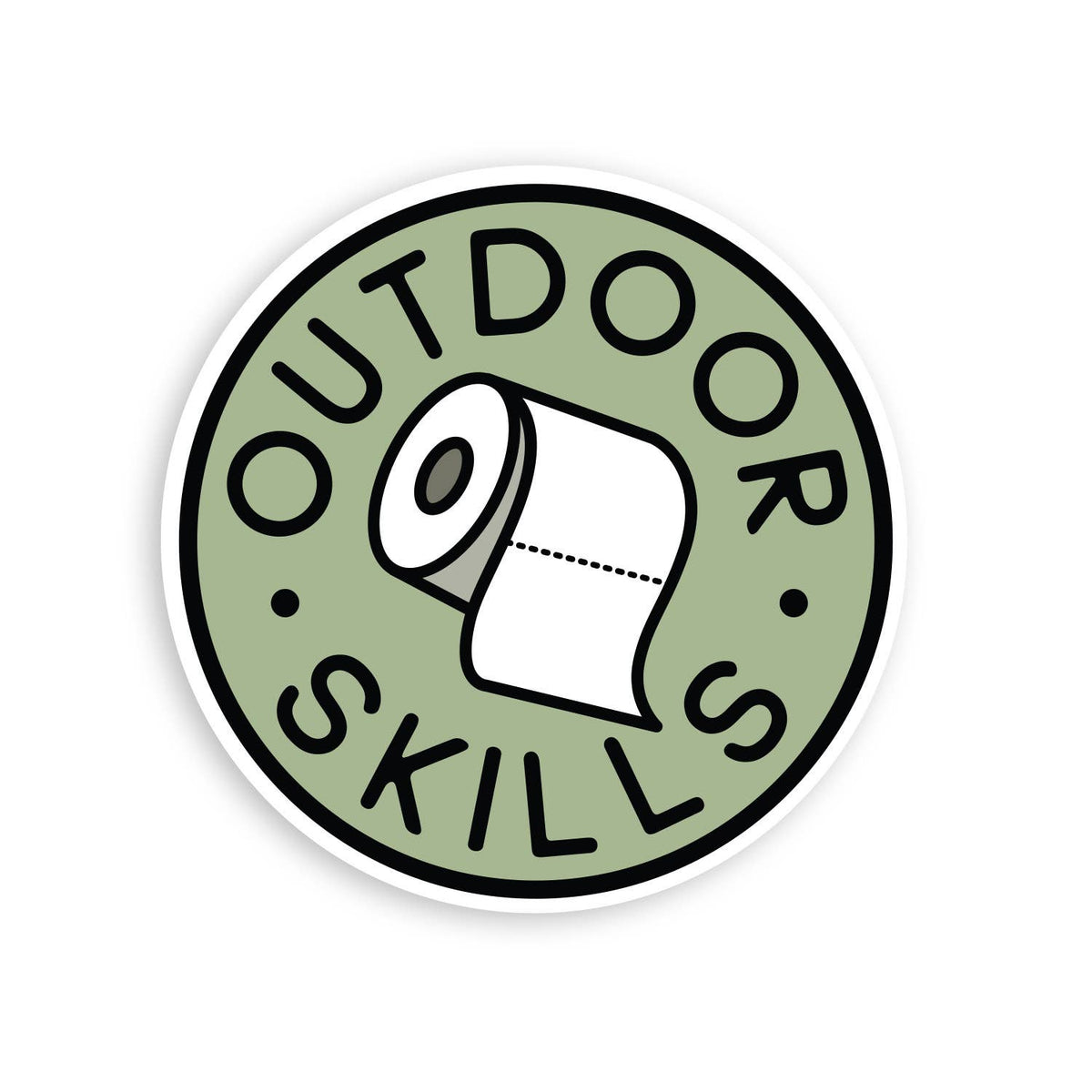 Round green Outdoor Skills sticker with a toilet paper roll and black lettering on a white background.