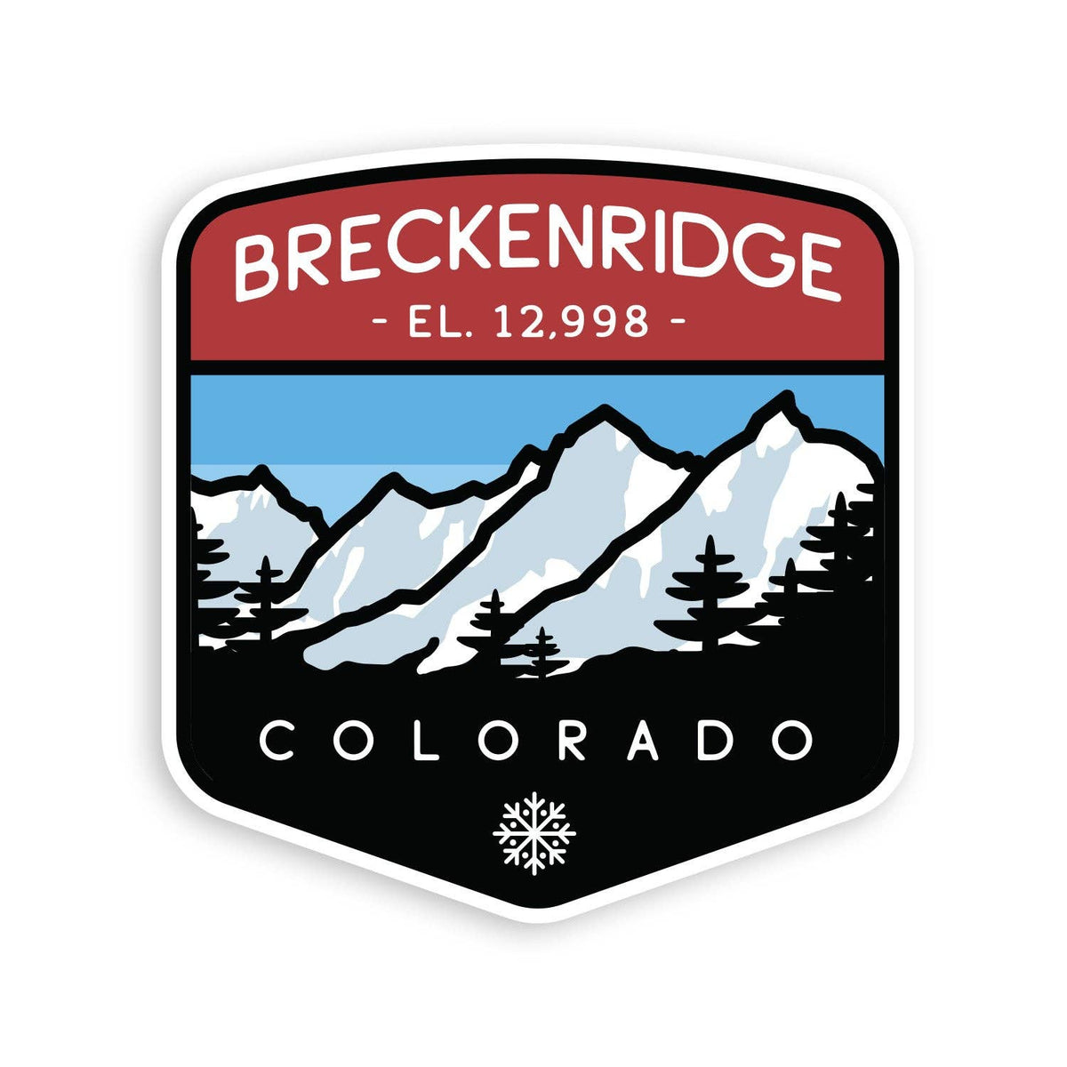 Badge shaped Breckenridge Colorado sticker with snowy peaks, pines and EL. 12,998 under a red banner.