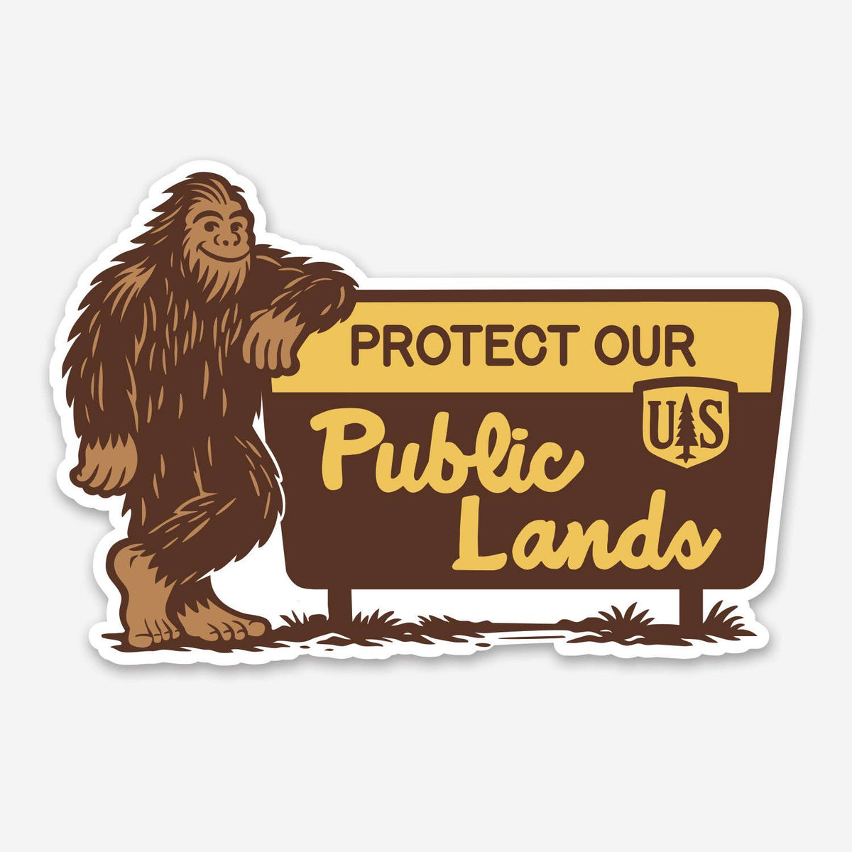 Bigfoot leans on a brown forest sign reading Protect Our Public Lands in this die cut vinyl sticker.