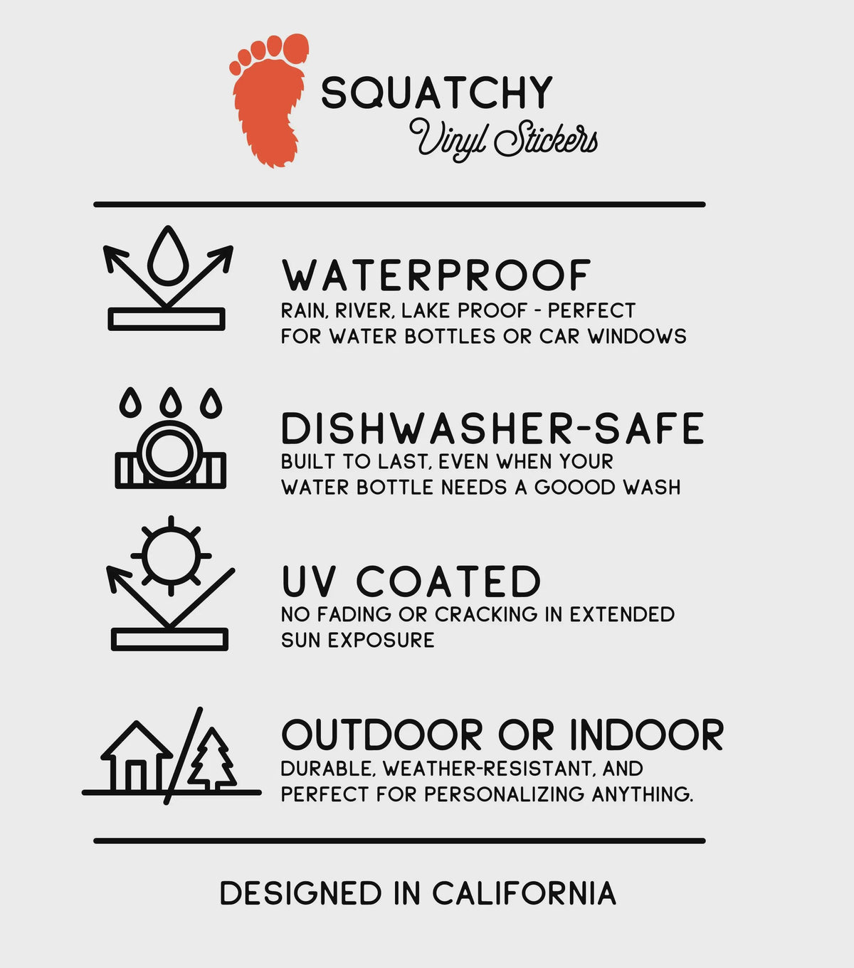 Squatchy vinyl sticker care card listing waterproof, dishwasher safe, UV coated and designed in California.