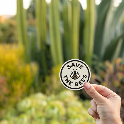 A hand raises the Save The Bees sticker in front of tall spiked succulents lit by late sun.