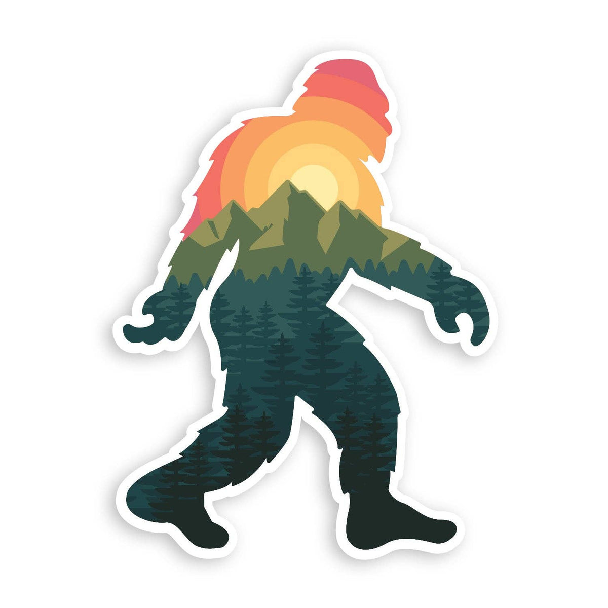 The Bigfoot Adventure sticker on white, its striding silhouette filled with a sunset, mountains and pine forest.