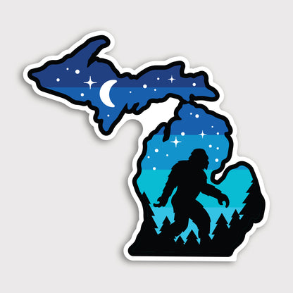 The Michigan Sasquatch sticker shows a starry blue state outline with a bigfoot silhouette walking through pine trees.