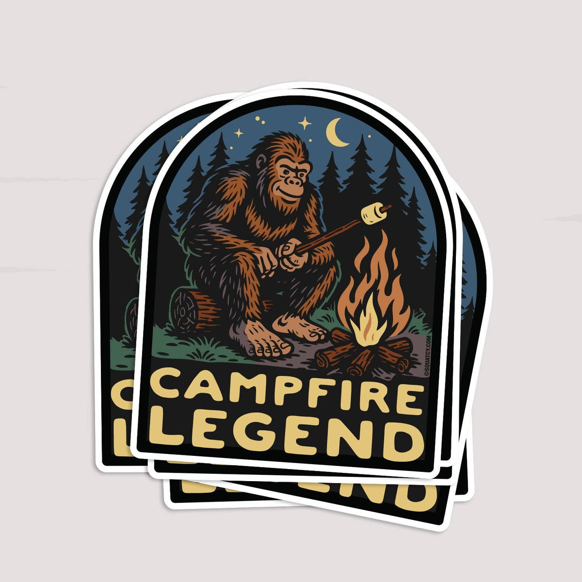 Three Campfire Legend stickers stacked and fanned on a pale grey surface.